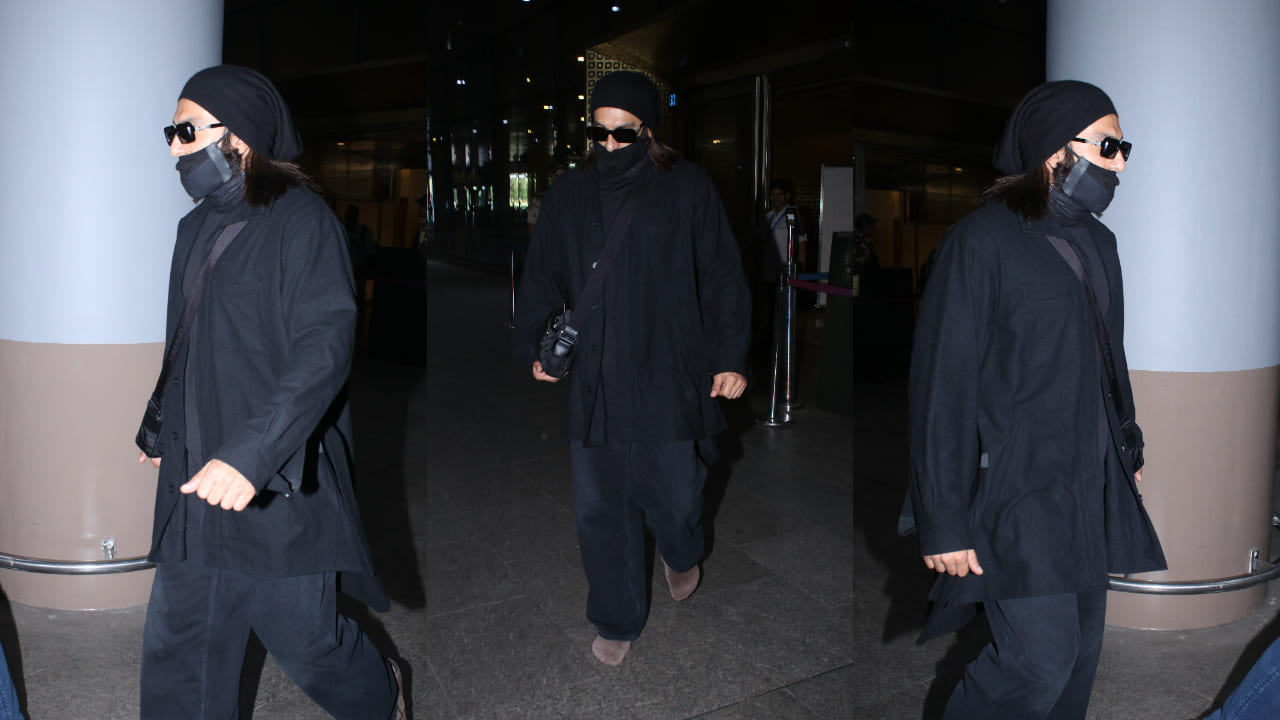 Monochrome meets minimal in Ranveer Singh’s sharp airport look; Prada sling bag and beige shoes take the whole look to next level (P.C: Viral Bhayani)