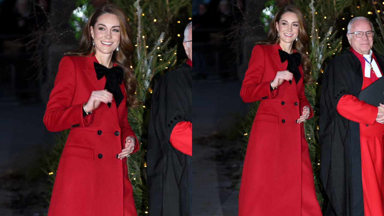 Kate Middleton in red peacoat with black bow