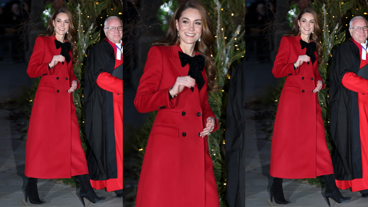 Kate Middleton in red peacoat with black bow