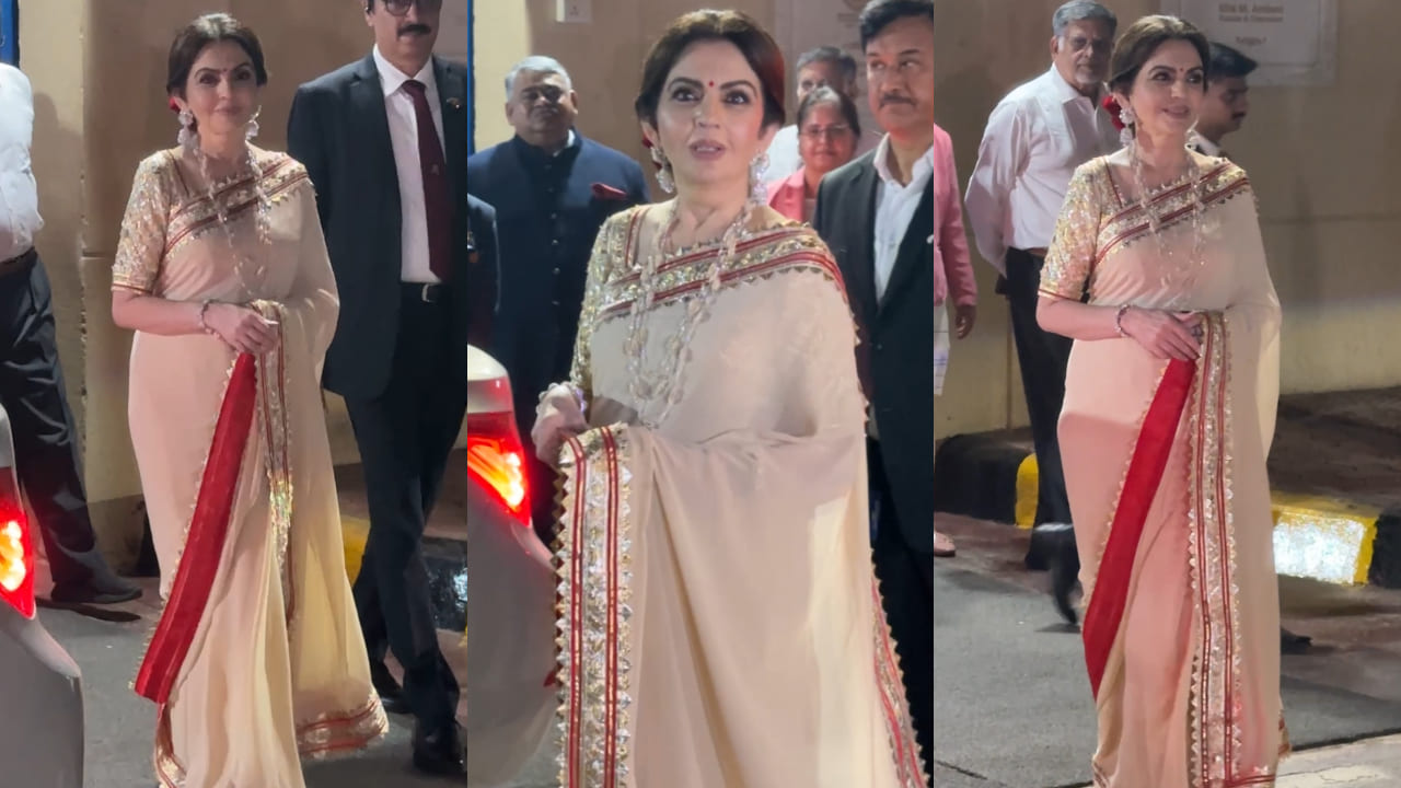 Nita Ambani was spotted at Dhirubhai Ambani International School's annual day dressed in cream and red saree