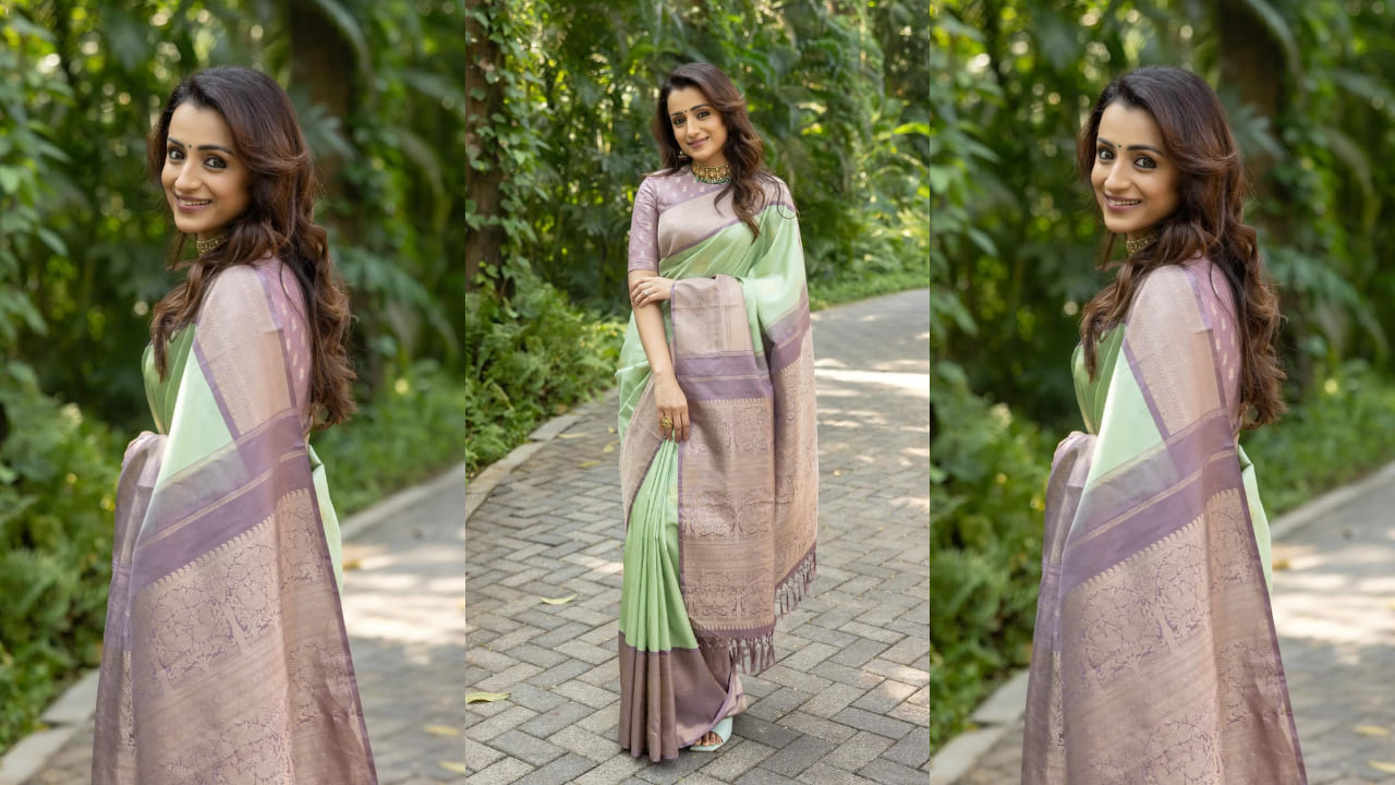 Trisha Krishnan in lavender and pista green Kanjivaram saree makes a perfect pastel combination for wedding guest outfit