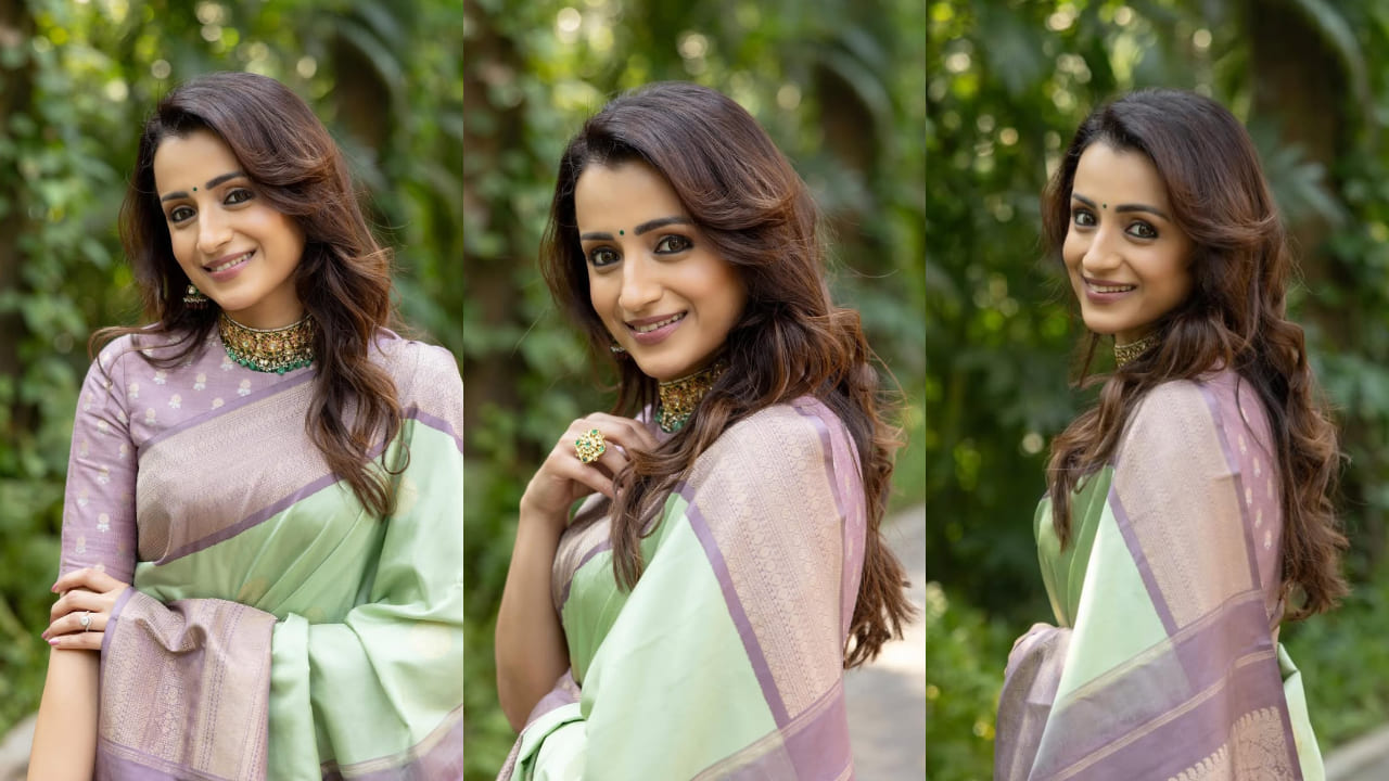 Trisha Krishnan in lavender and pista green Kanjivaram saree makes a perfect pastel combination for wedding guest outfit