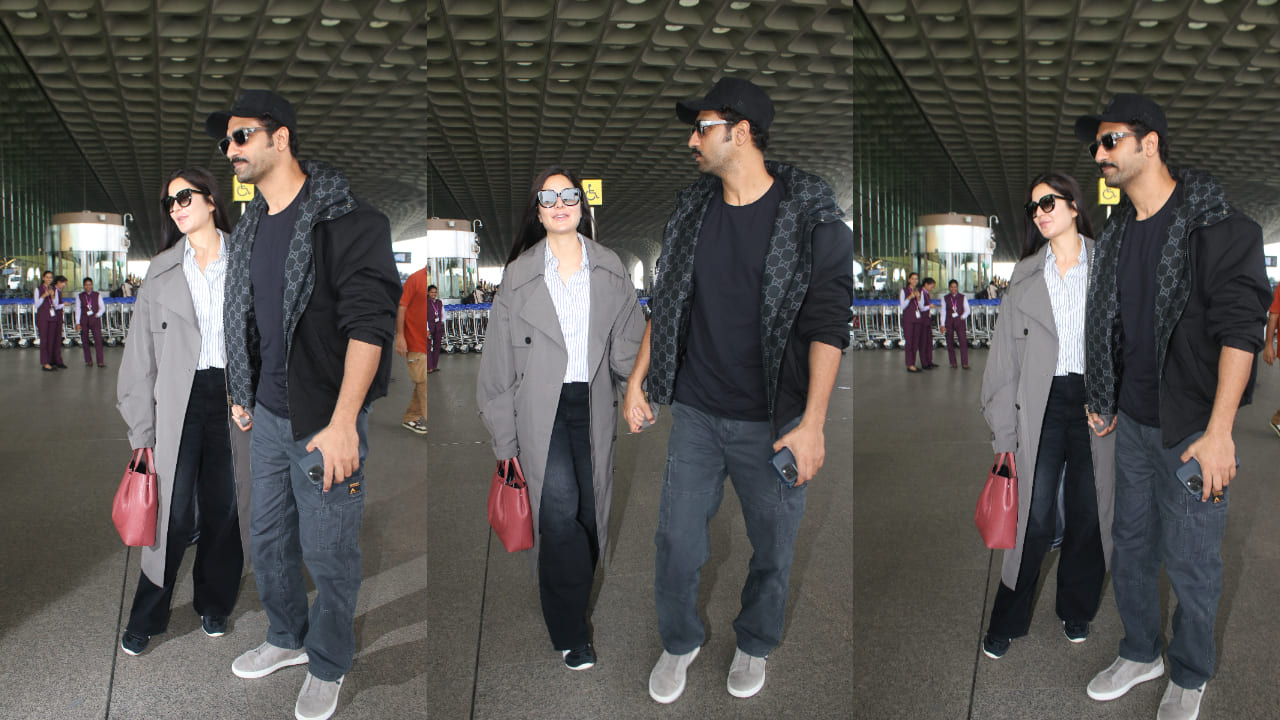 Katrina Kaif redefines airport fashion in oversized trench coat paired with formal shirt and jeans, spotted with Vicky Kaushal 