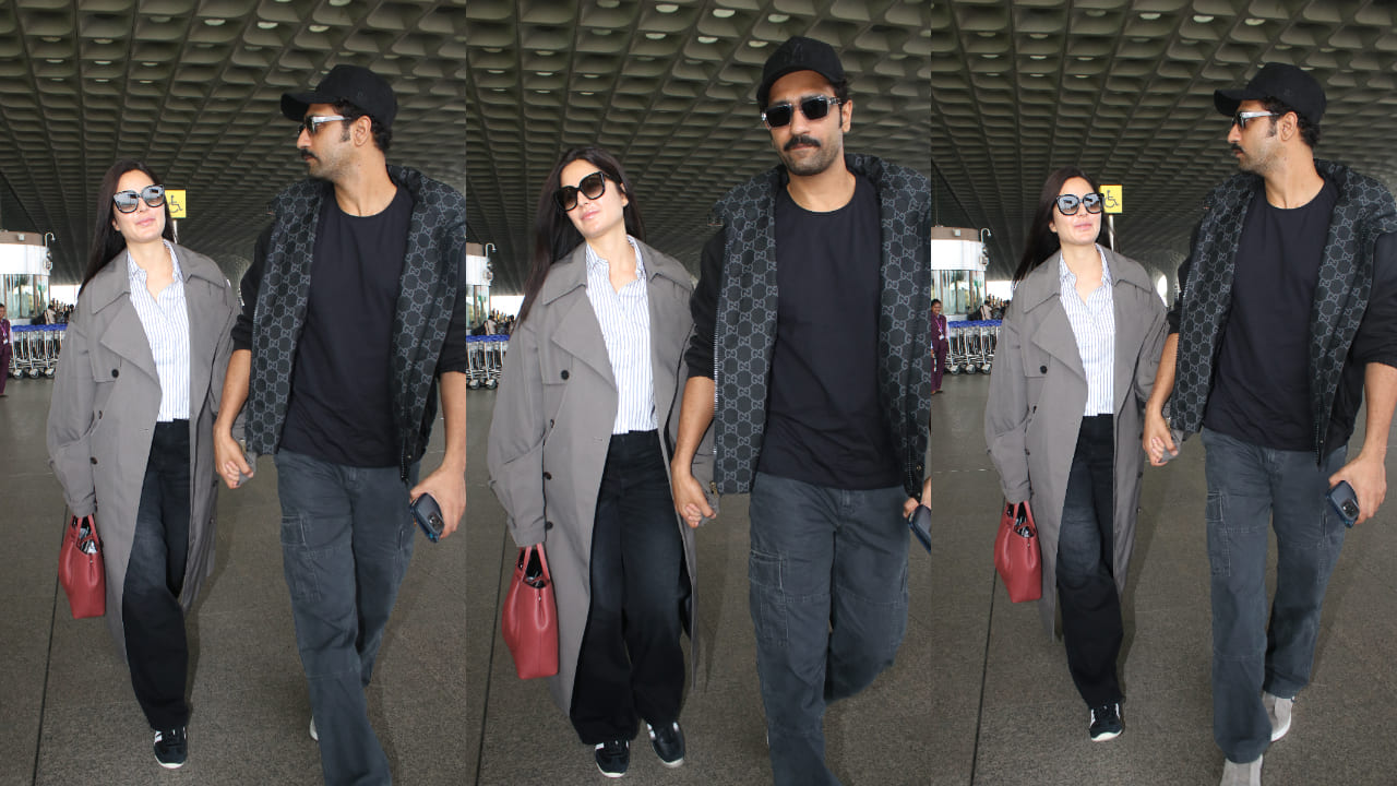 Katrina Kaif redefines airport fashion in oversized trench coat paired with formal shirt and jeans, spotted with Vicky Kaushal 