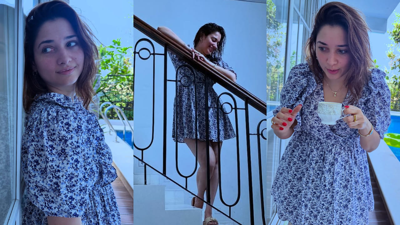 Tamannaah Bhatia shares a delightful collection of photos in a blue floral dress that perfectly captures the holiday spirit. 