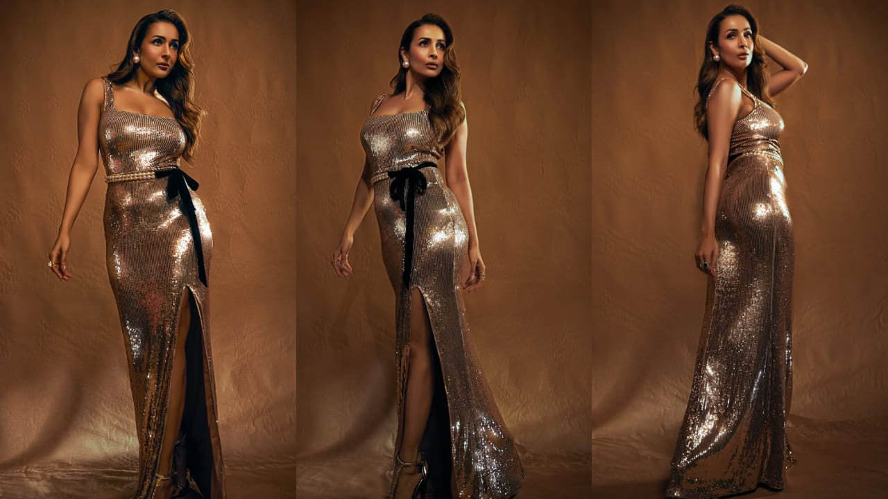  Malaika Arora served a glam look this season in a shimmering rose gold sequin gown, which is perfect for cocktail parties. 