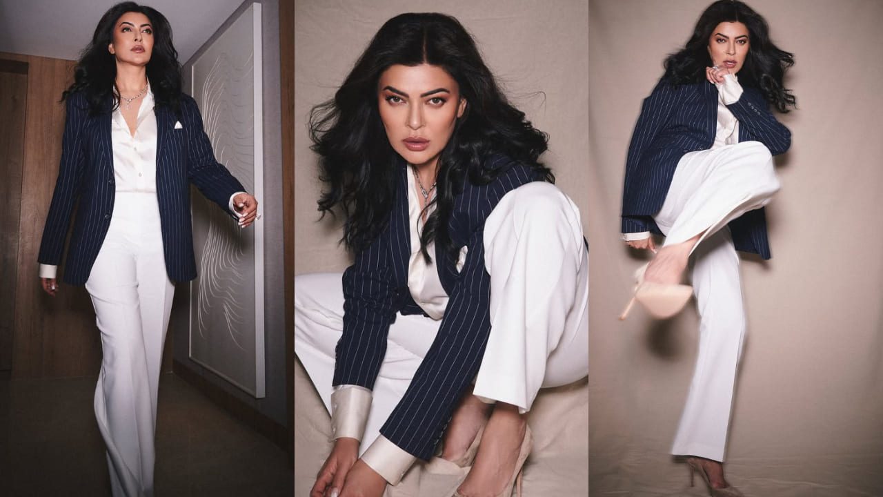 Sushmita Sens shared pictures in a satin shirt and pinstripe blazer, serving some serious business energy. 