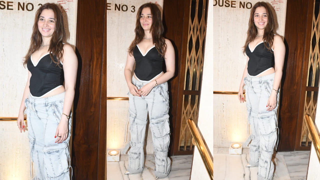 Tamannaah Bhatia attended Manish Malhotra’s house party, looking bold and edgy in a corset top and cargo pants. 