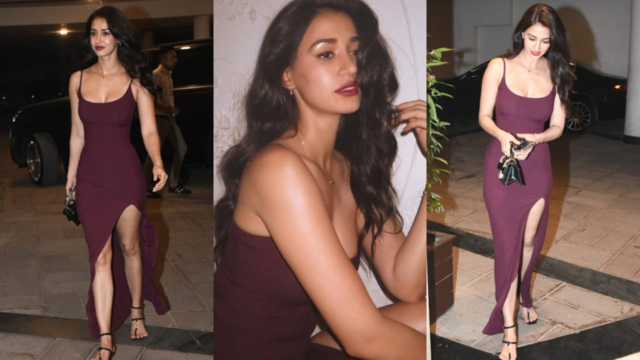 Disha Patani in maroon bodycon dress