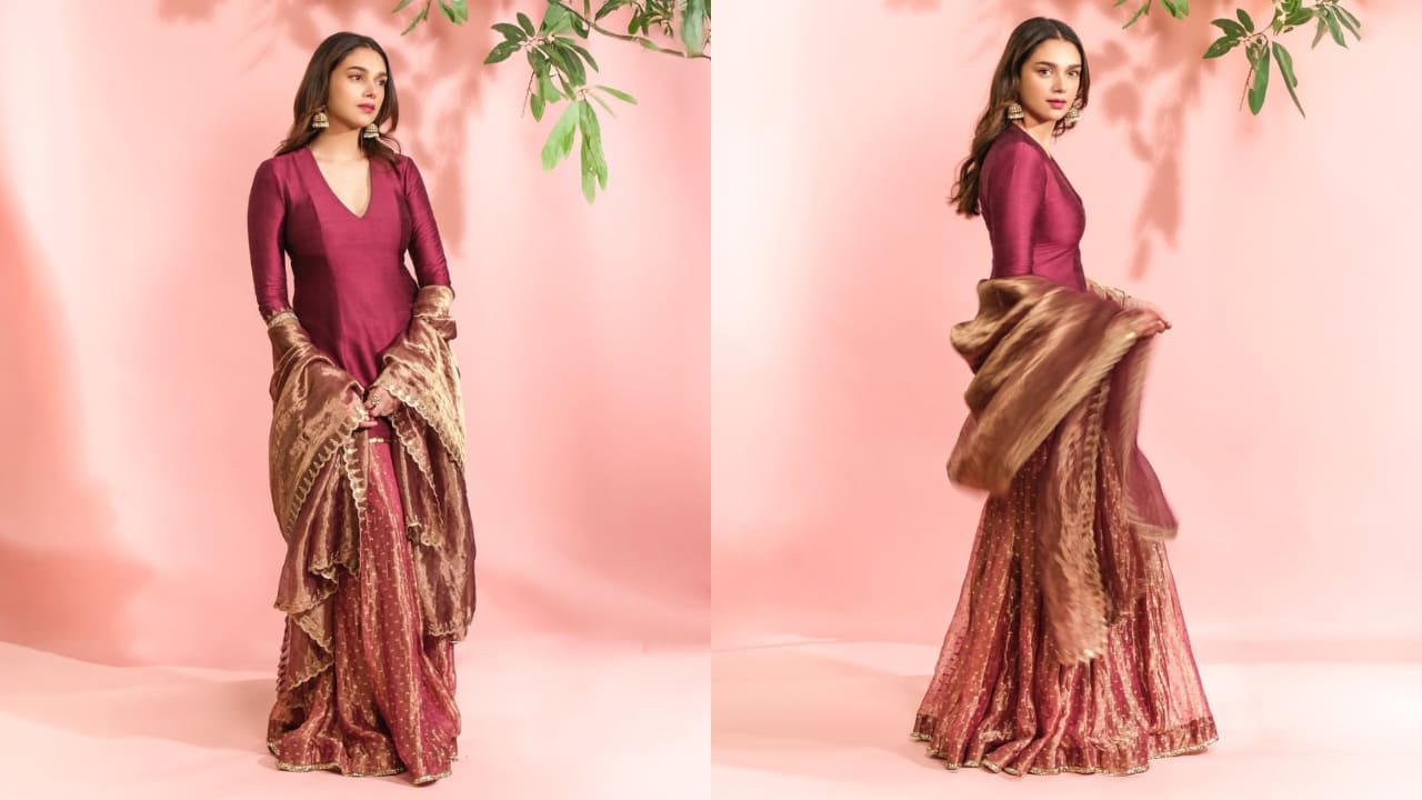 Aditi Rao Hydari radiates royal elegance in wine colored Nurvi Sharara set worth Rs 49,000 styled with accessories 