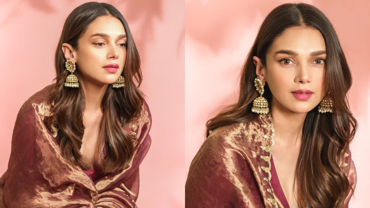 Aditi Rao Hydari radiates royal elegance in wine colored Nurvi Sharara set worth Rs 49,000 styled with accessories 