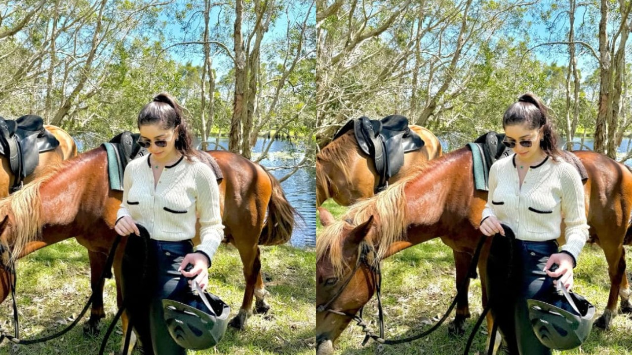 Sara makes horse riding fun with white top and black jeans, blending style and comfort