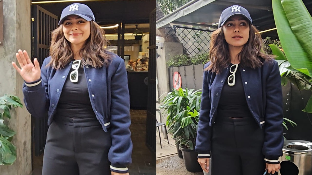 Mrunal Thakur in varsity jacket and pants