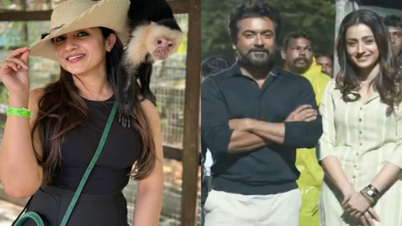 Trisha Krishnan celebrates 22 years of cinema with Suriya at RJ Balaji’s movie sets