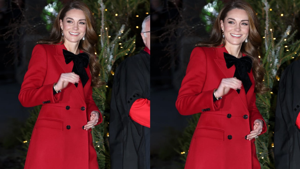  Kate Middleton adds a coquette twist to her Christmas look with a black bow on her red peacoat