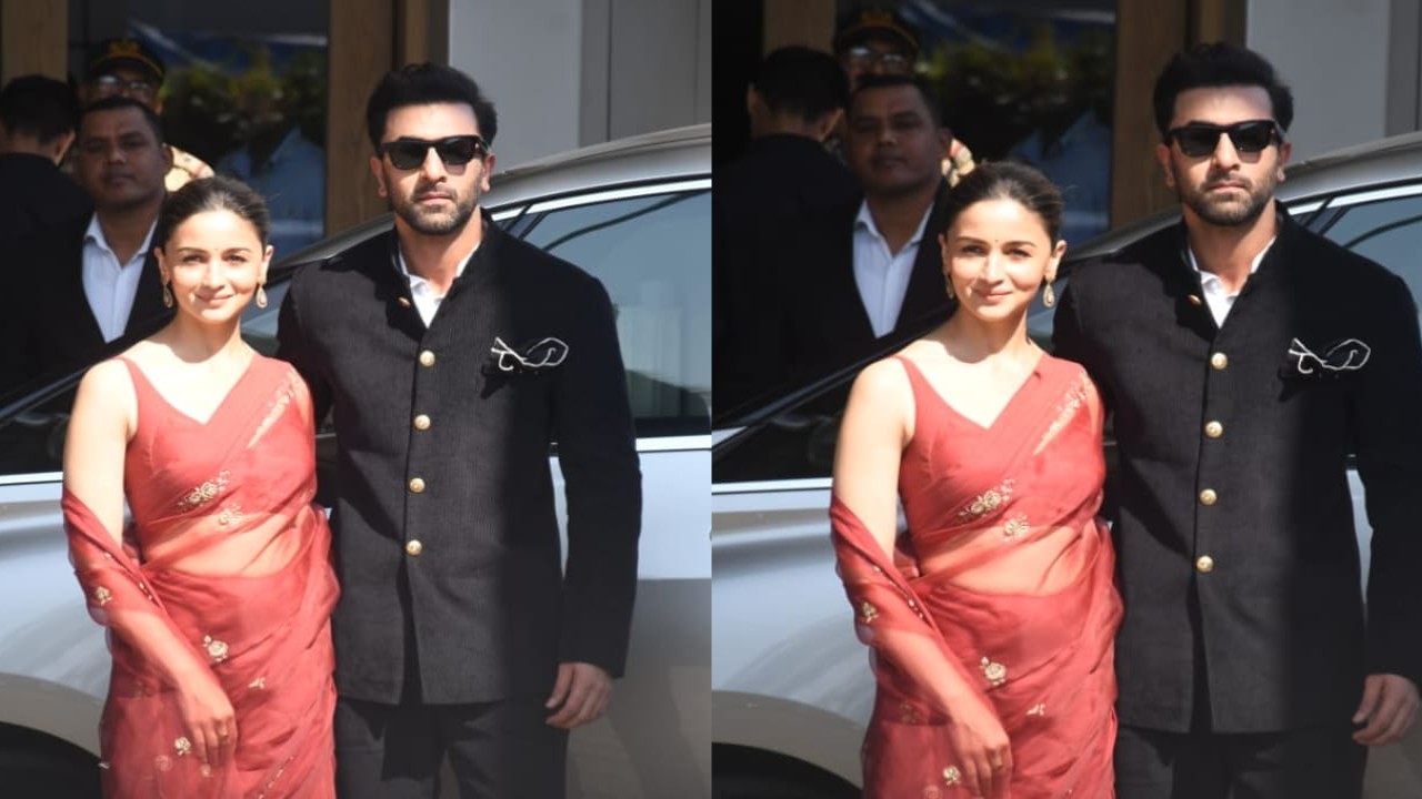 Alia Bhatt stuns in basic saree with embroidered elements, which looks minimal and elegant as she poses at airport with Ranbir Kapoor