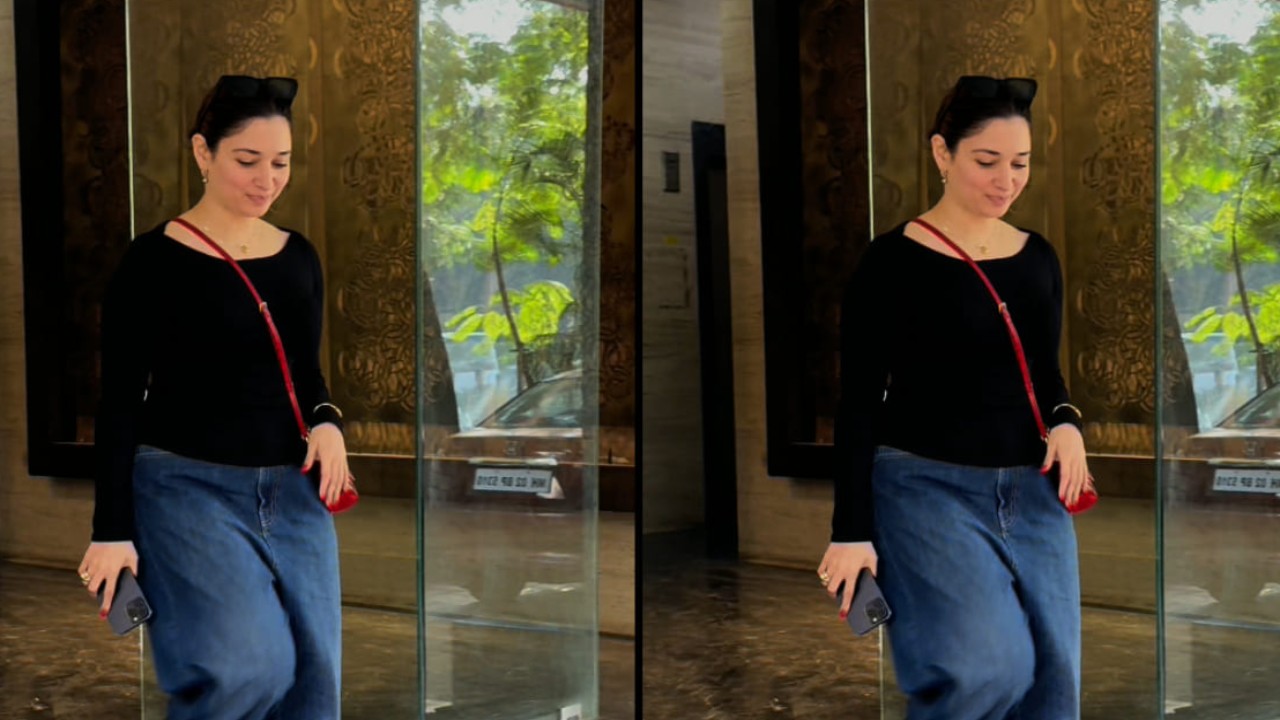 Tamannaah Bhatia's no-makeup look with black & blue outfit gets stylish edge with red bag