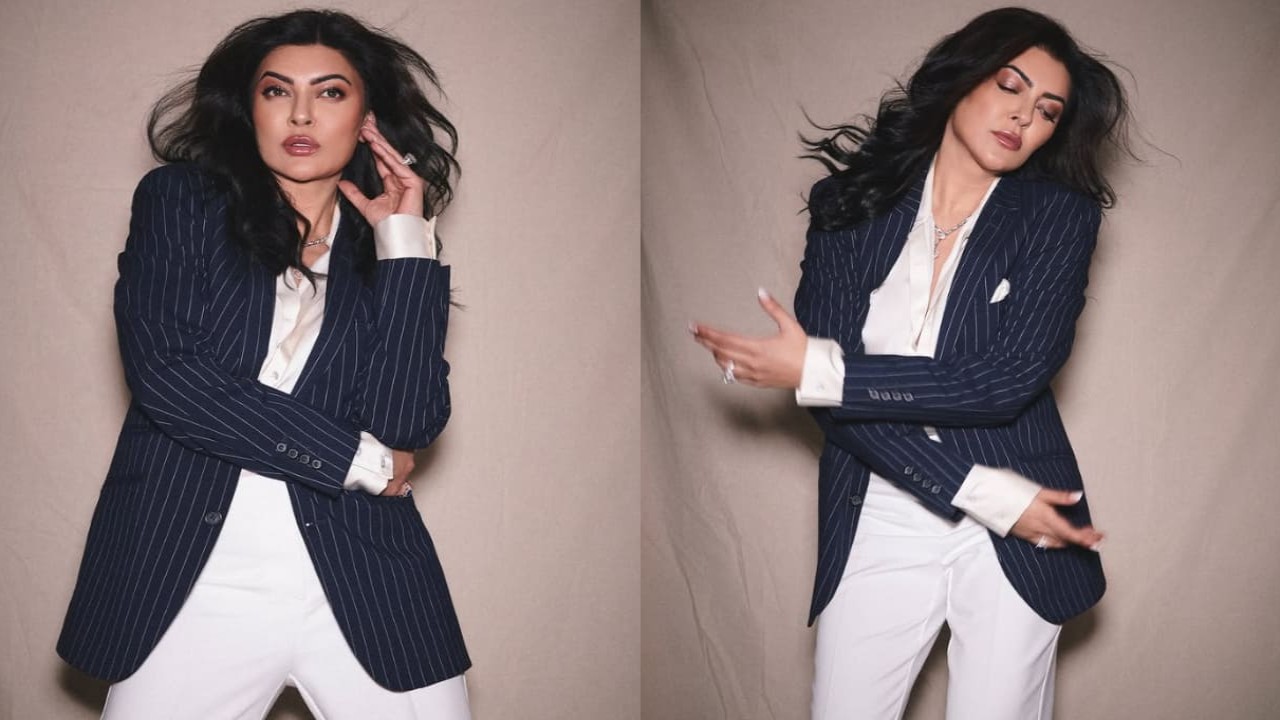 Sushmita Sens shared pictures in a satin shirt and pinstripe blazer, serving some serious business energy. 