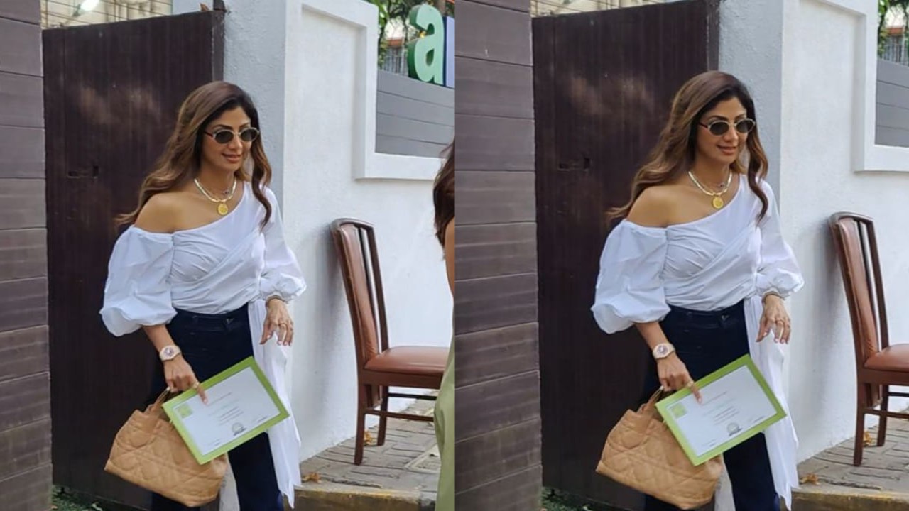 Shilpa Shetty in a white & blue combination outfit, 90s special sunglasses and DIOR bag is all things Gen Z