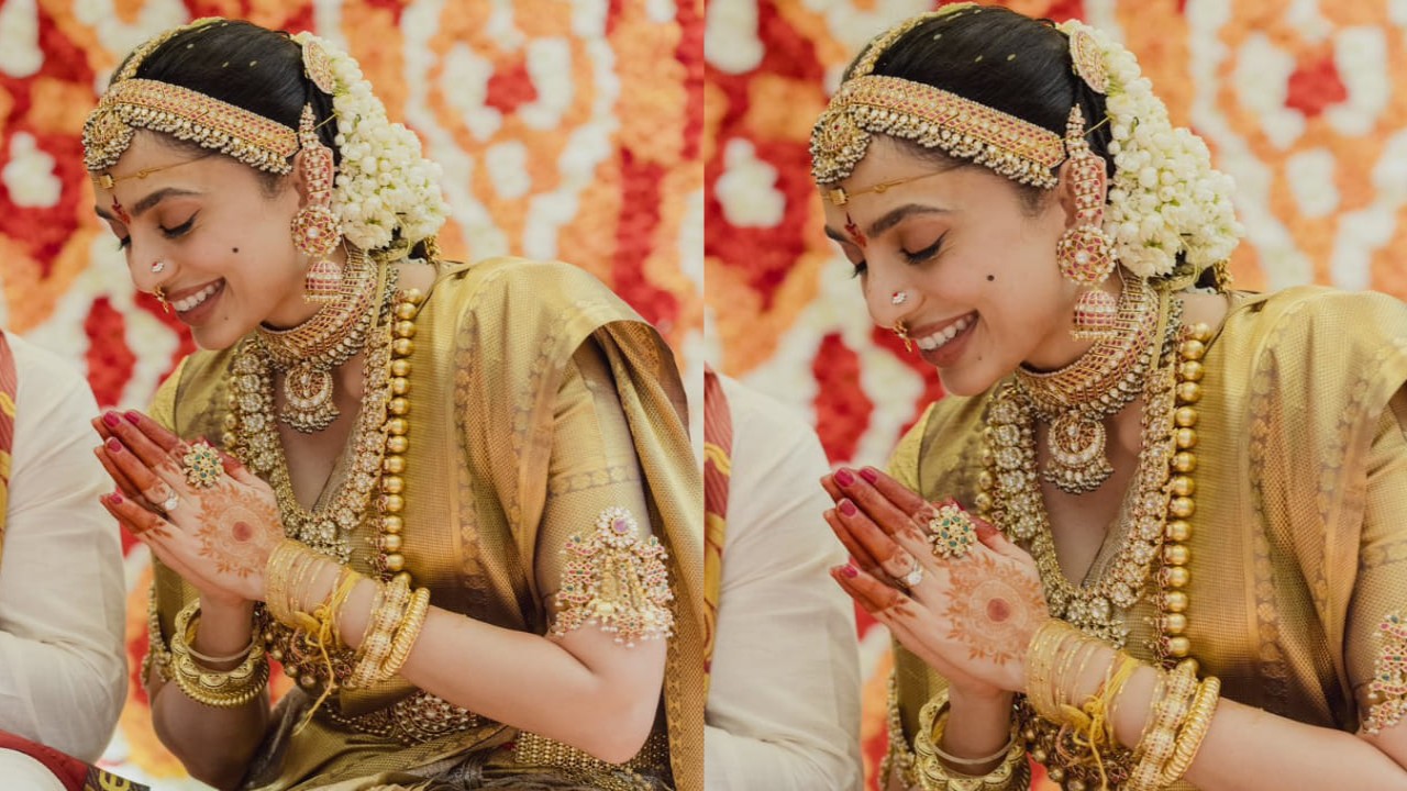 Sobhita is ideal South Indian bride wrapped in Kanjivaram Silk sari at wedding with Chay