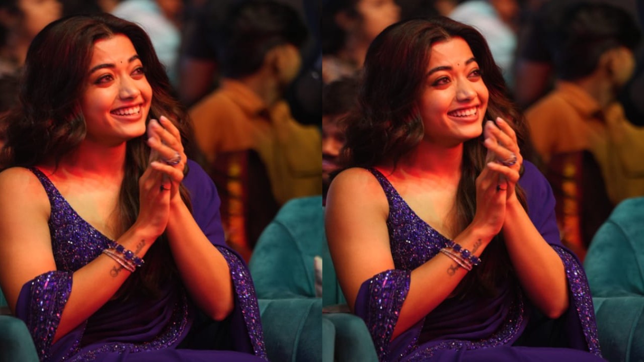  Rashmika mesmerizes in ink-blue saree but customized name on her pallu has our attention