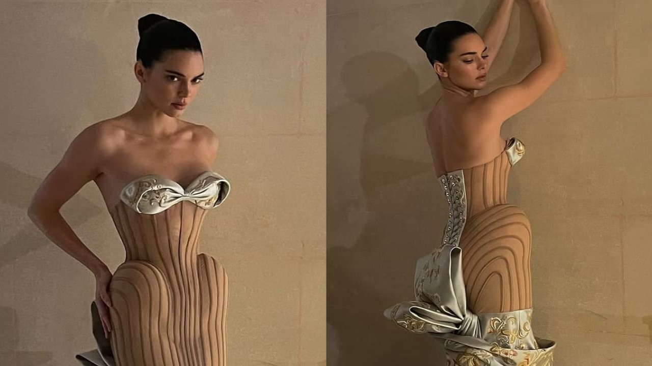 Kendall Jenner turns showstopper for Schiaparelli in a beige corset gown which is truly one of a kind