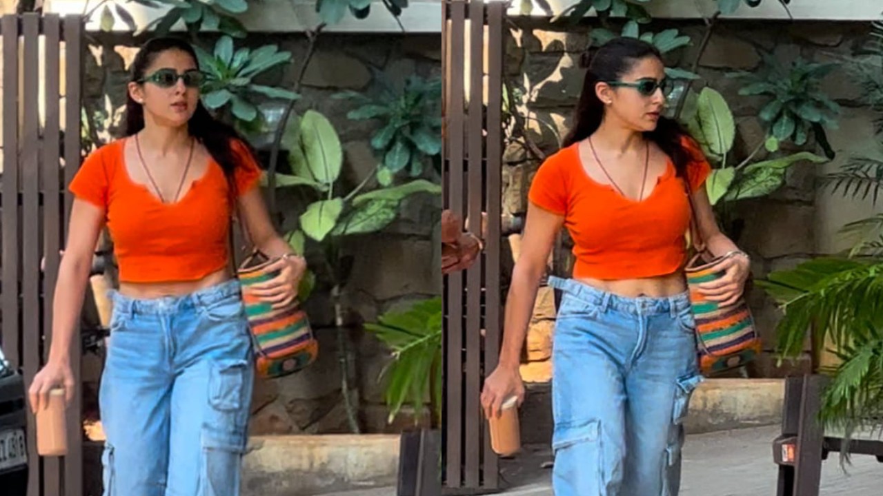 Sara Ali Khan brings a burst of energy with bright orange crop top & sporty cargo jeans