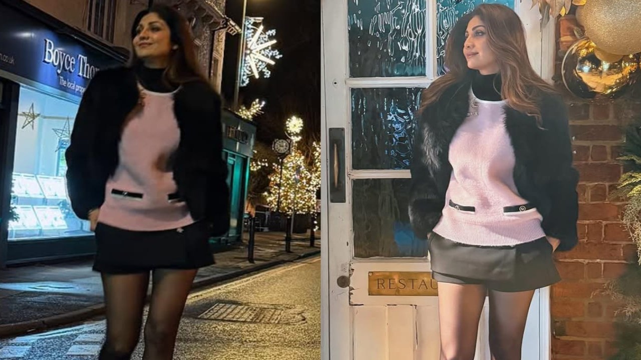 Shilpa Shetty in pink sweater and jacket 