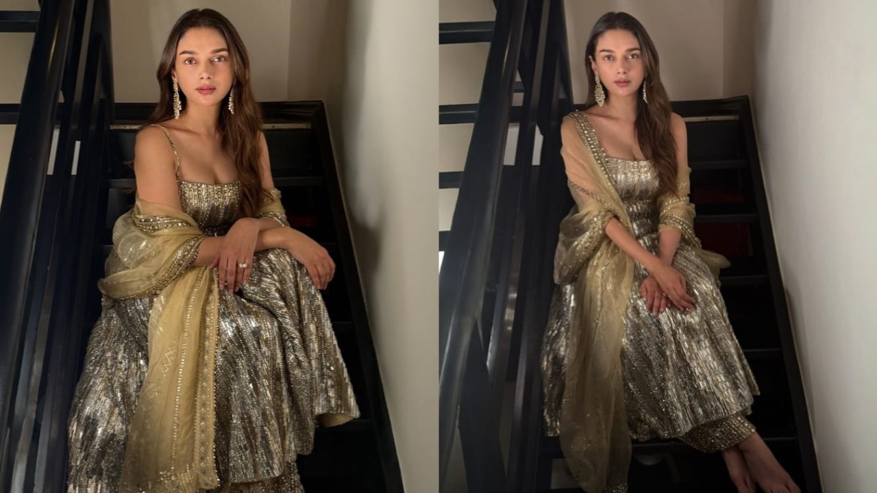 Aditi Rao Hydari was seen dressed in a silver and gold sharara set and she looked like royalty. 