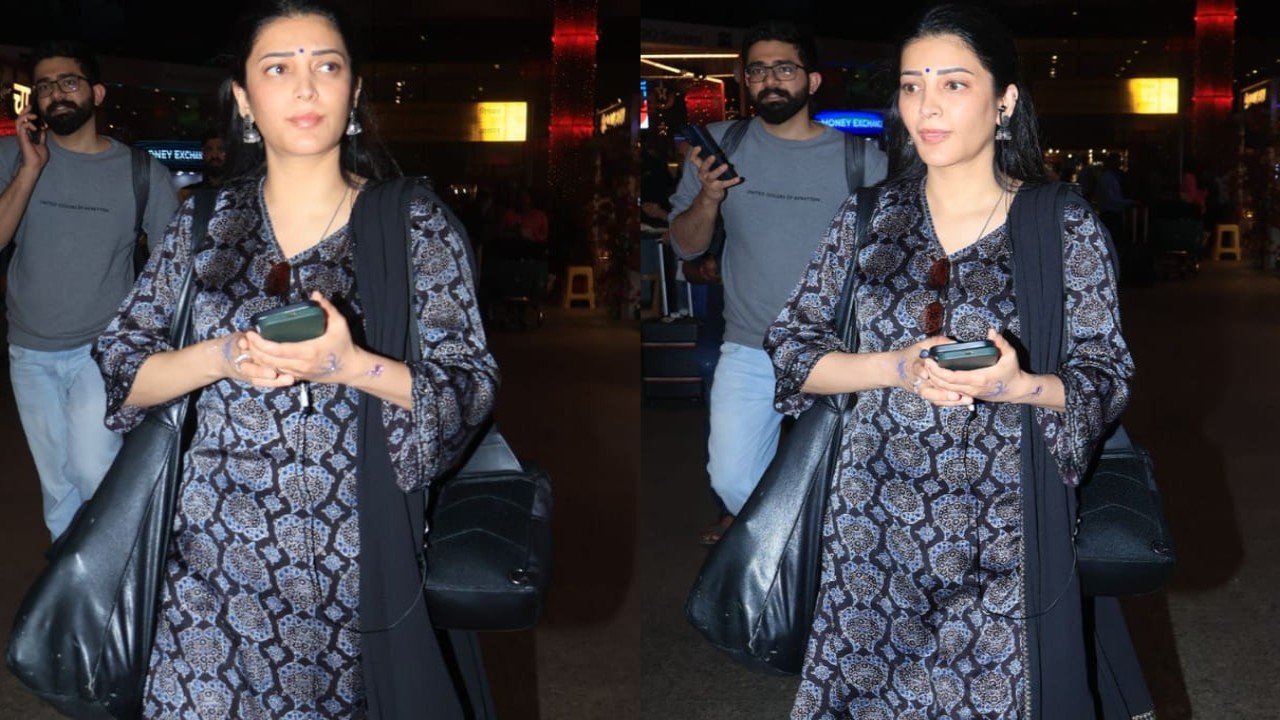 Shruti Haasan trades her goth glam for a chic Ajrakh kurta set at the airport