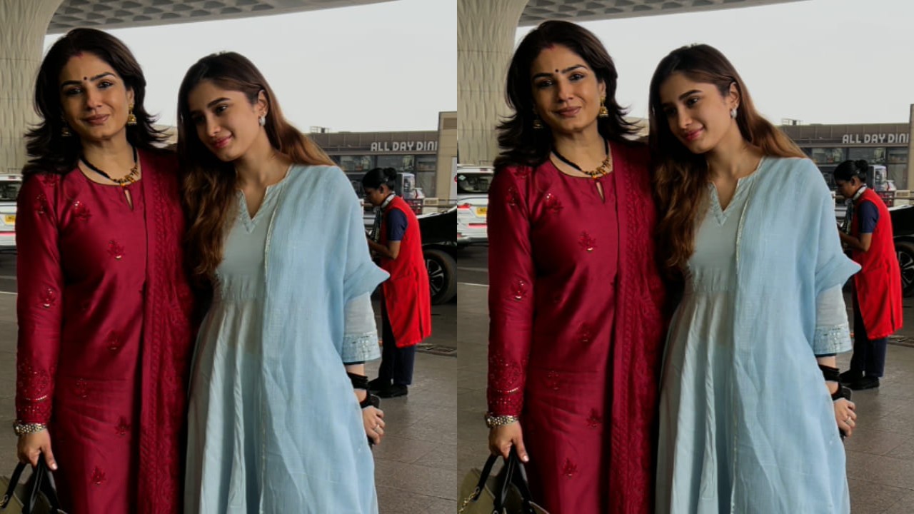 Raveena’s red suit and Rs 3,81,650 bag turn heads as Rasha wows in blue at the airport