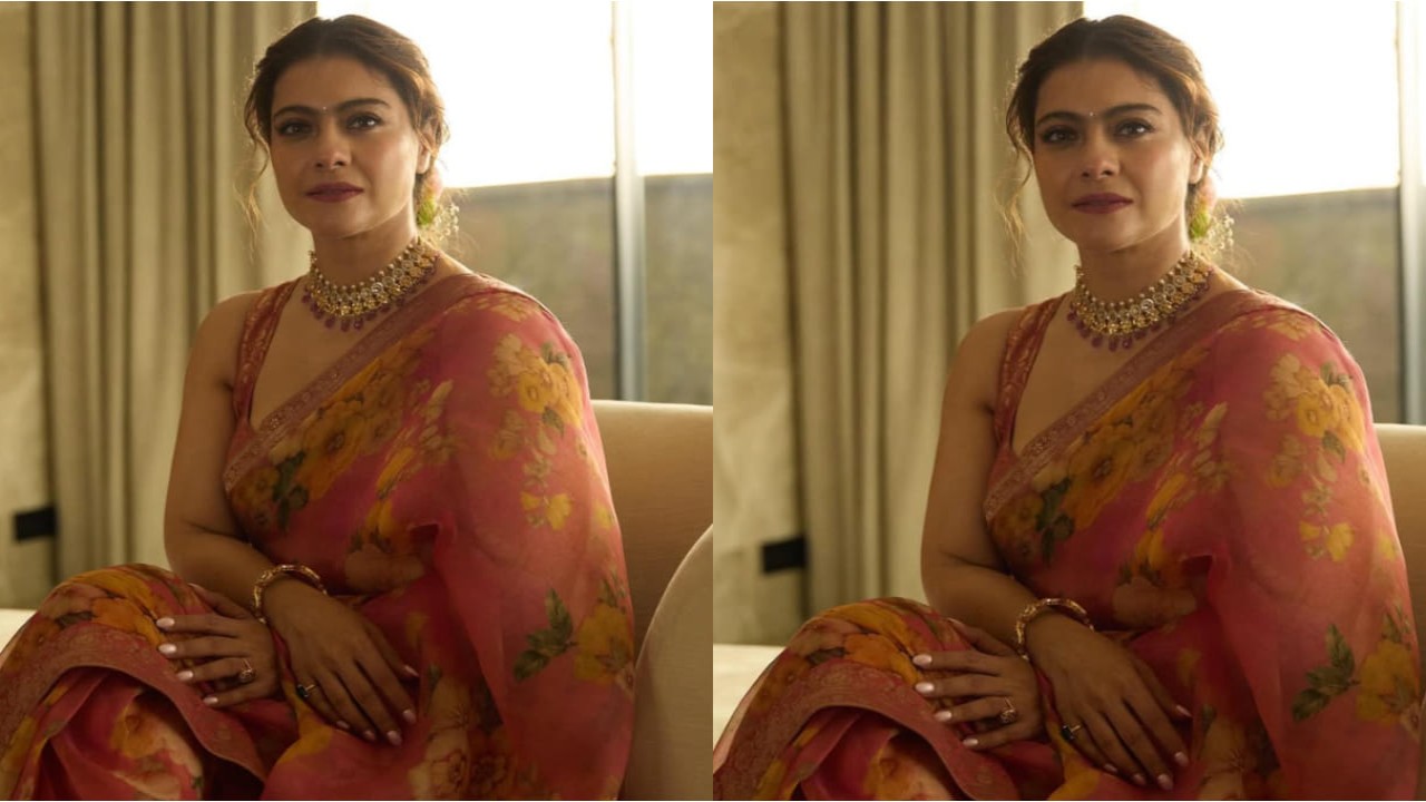 Kajol exudes floral charm with her peach pink saree and flowers-adorned bun