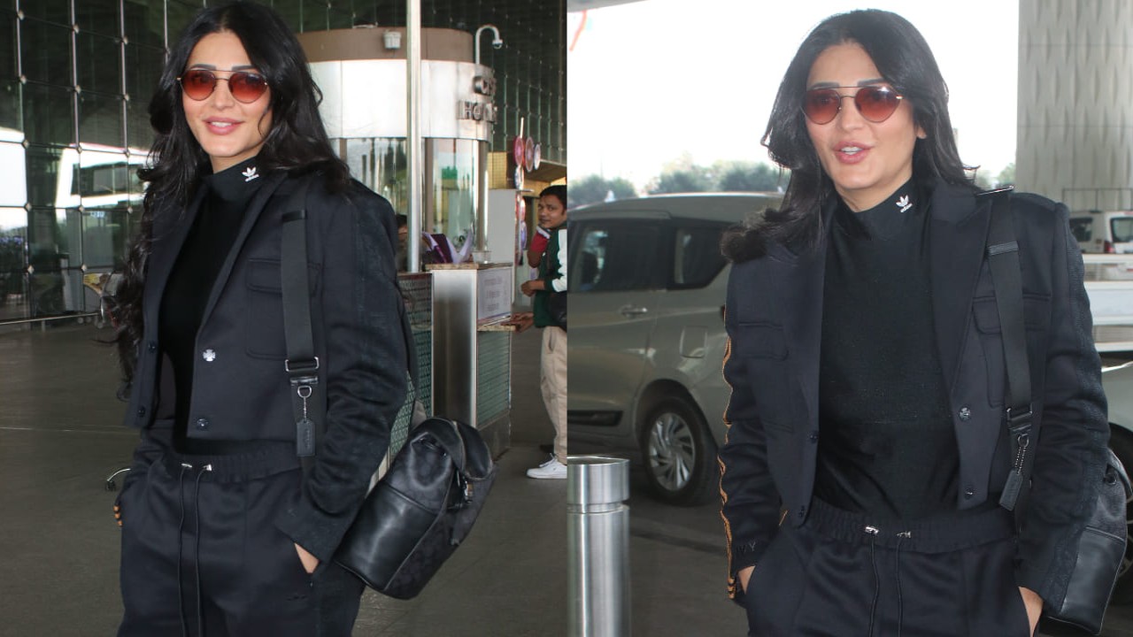  Shruti Haasan’s airport look is all black and sporty in top, jacket, and track pants