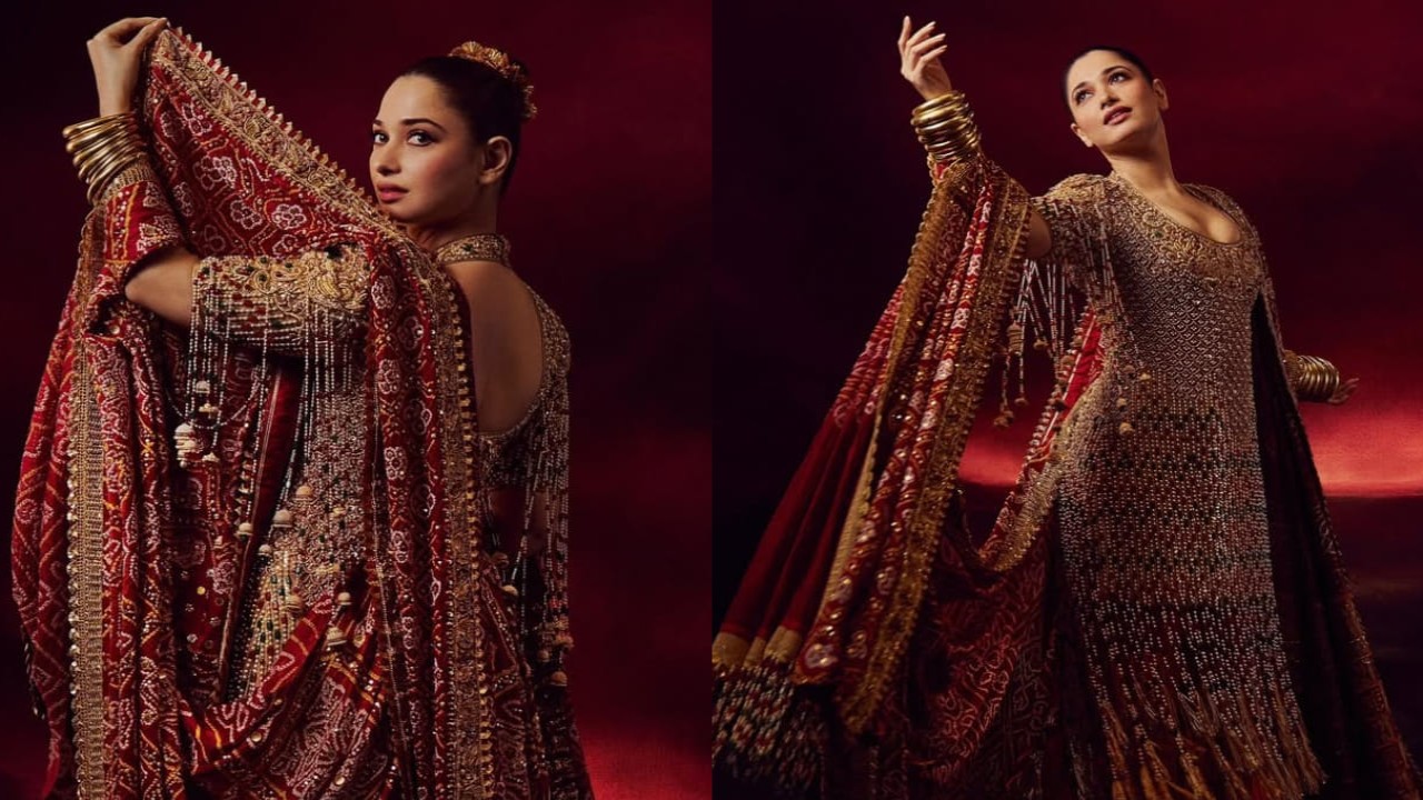 Tamannaah Bhatia aces maximalist fashion in a stunning red gharchola  ensemble