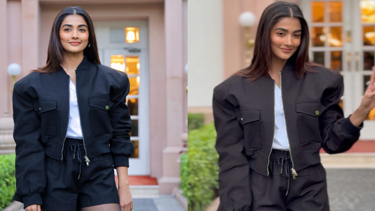 Pooja Hegde in black jacket and shorts for deva promotions