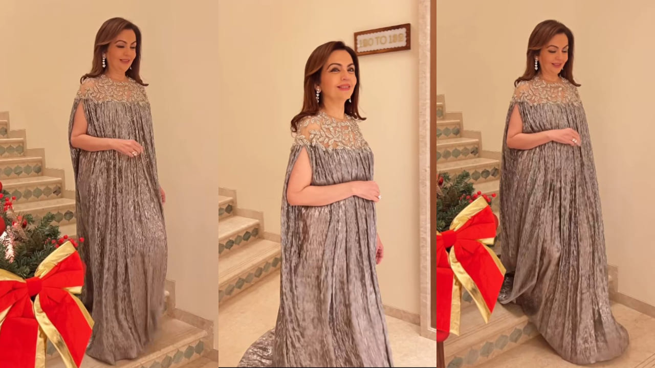 Nita Ambani styles Oscar de la Renta’s caftan gown worth Rs 1.54 lakh with the jacket, adding a cozy touch to her glamorous look