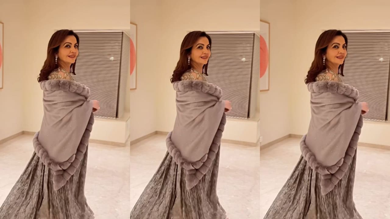 Nita Ambani styles Oscar de la Renta’s caftan gown worth Rs 1.54 lakh with the jacket, adding a cozy touch to her glamorous look