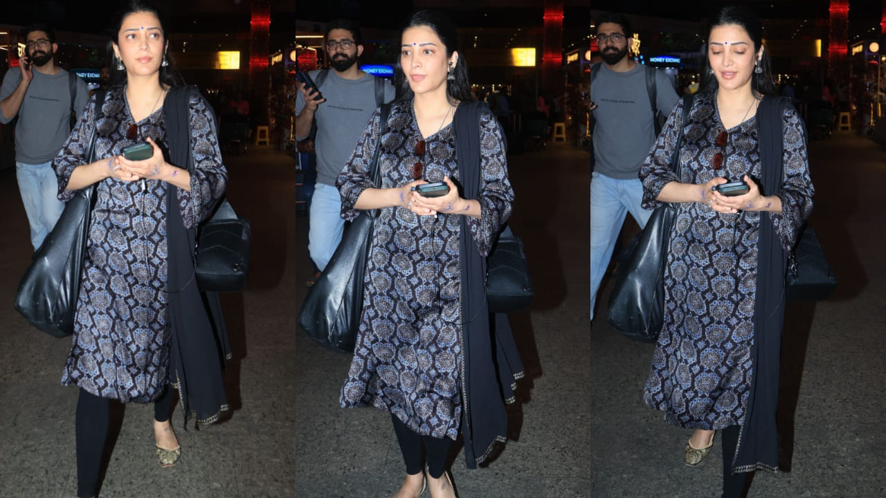 Shruti Haasan trades her goth glam for a chic Ajrakh kurta set at the airport