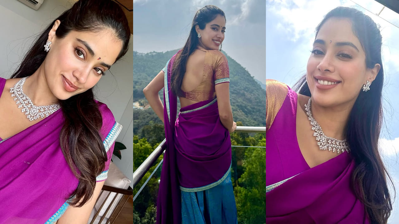 Janhvi Kapoor looks absolutely stunning in a blue and purple South Indian saree, exuding elegance and grace. 