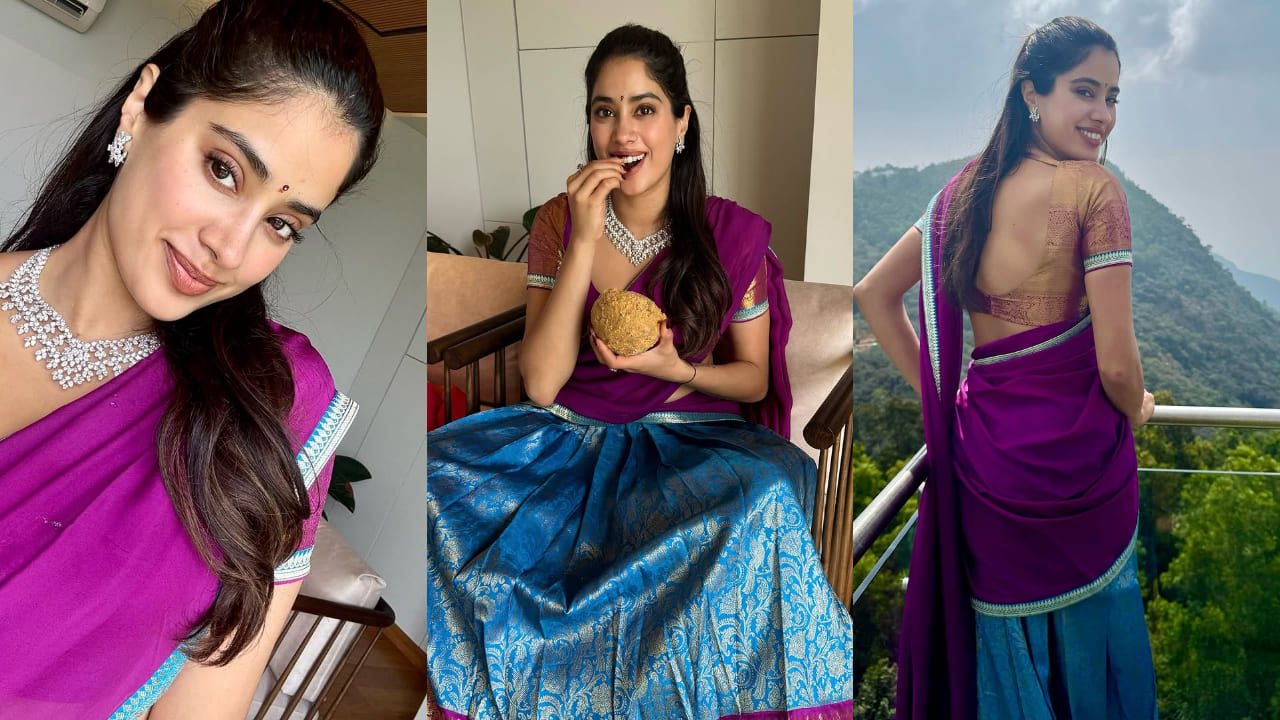 Janhvi Kapoor looks absolutely stunning in a blue and purple South Indian saree, exuding elegance and grace. 