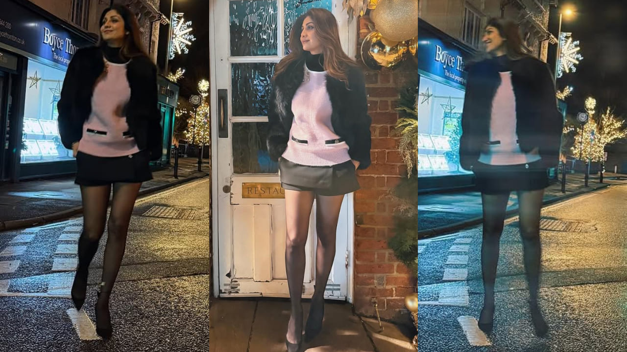 Shilpa Shetty in pink sweater and jacket 