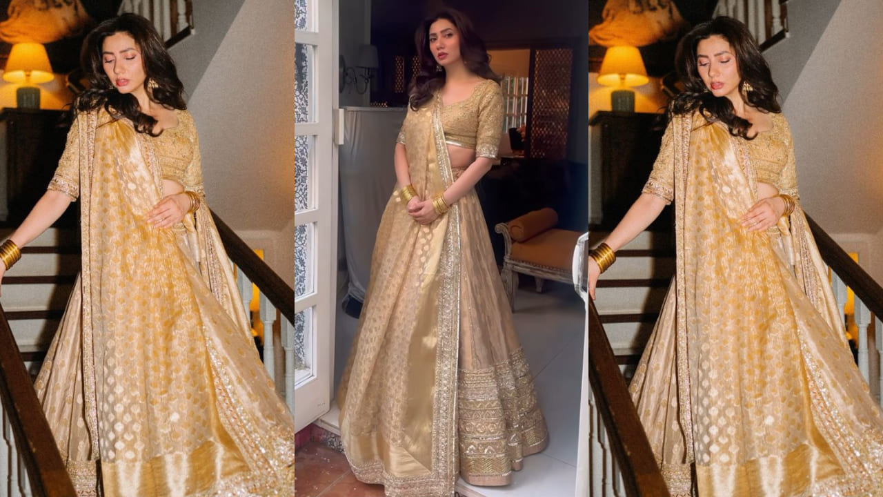  Mahira Khan turns into beauty goddess in Manish Malhotra’s golden lehenga, styled with traditional jewelry