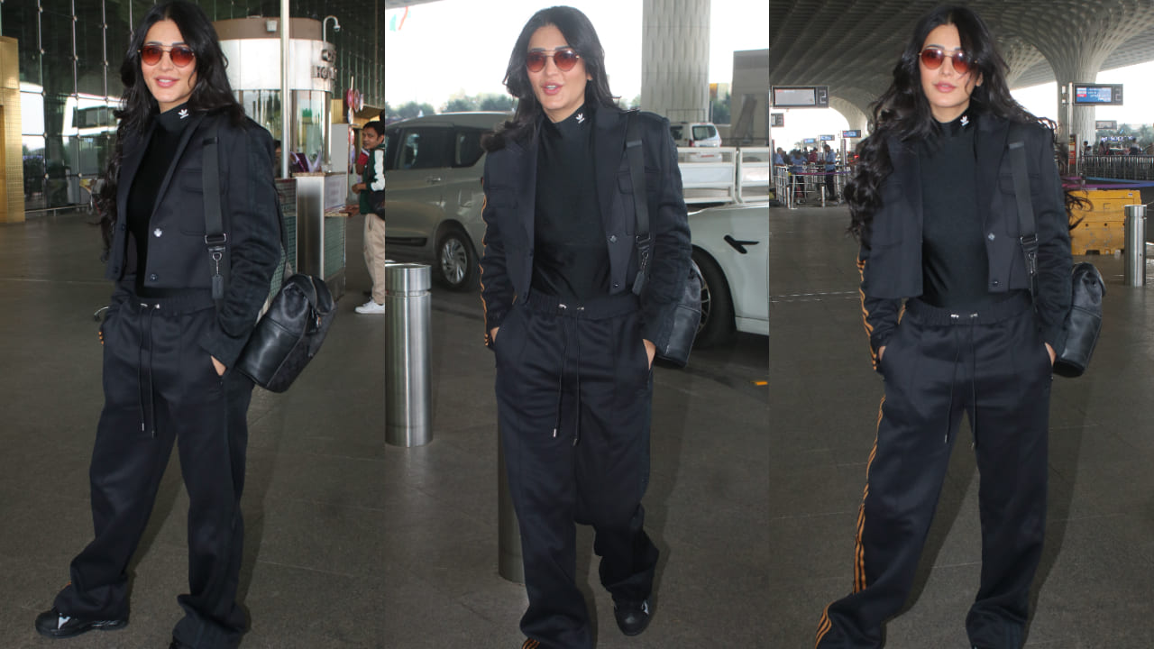  Shruti Haasan’s airport look is all black and sporty in top, jacket, and track pants