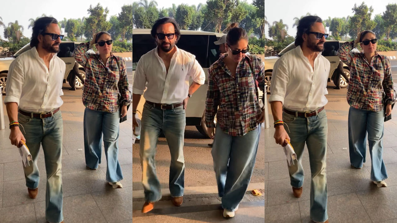 Kareena Kapoor brings her cool & casual vibe to airport in an oversized plaid shirt and Marni bag, jets off in style with Saif Ali Khan