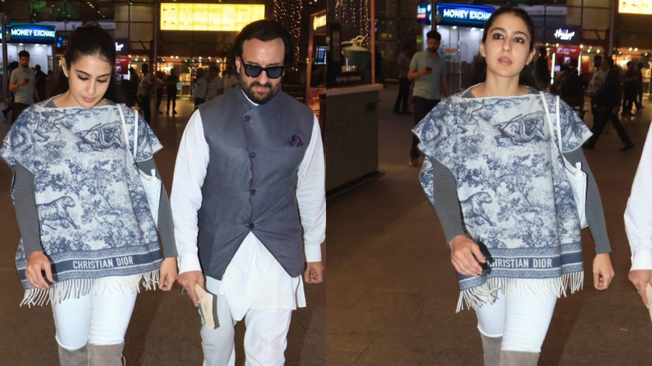 Sara ali khan repeats Rs 1,15,000 Dior poncho at Mumbai airport