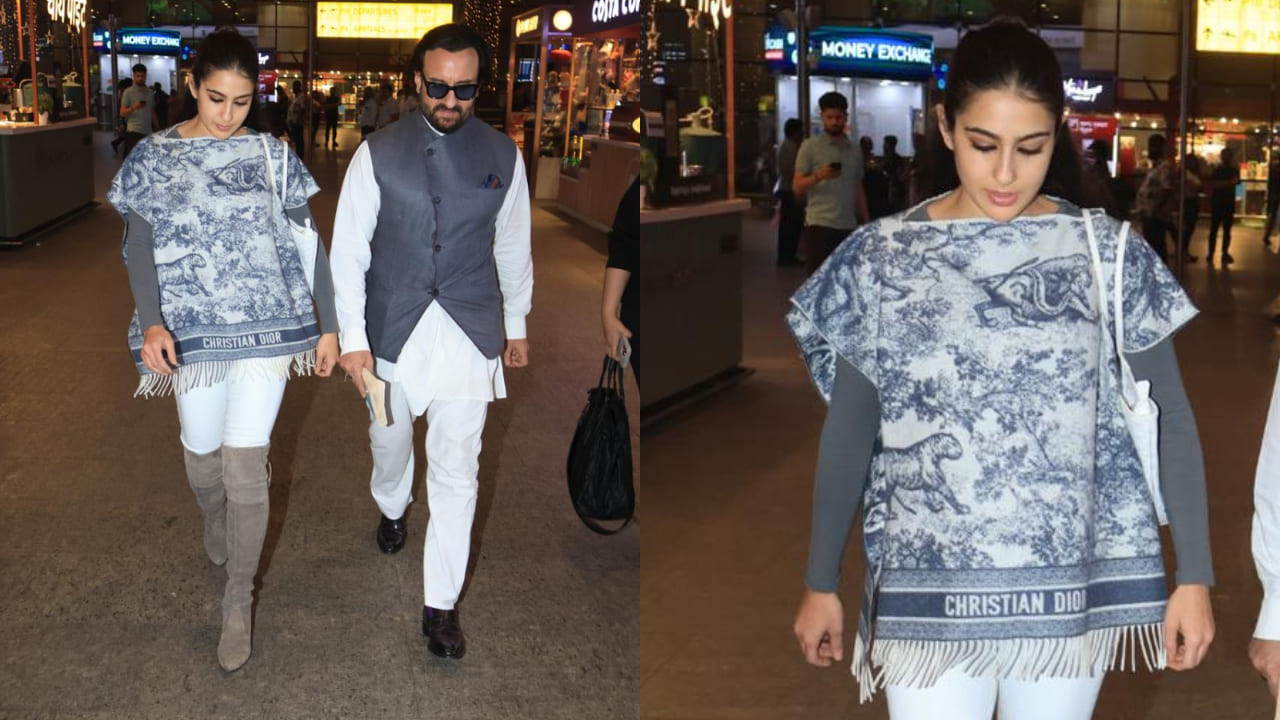 Sara ali khan repeats Rs 1,15,000 Dior poncho at Mumbai airport