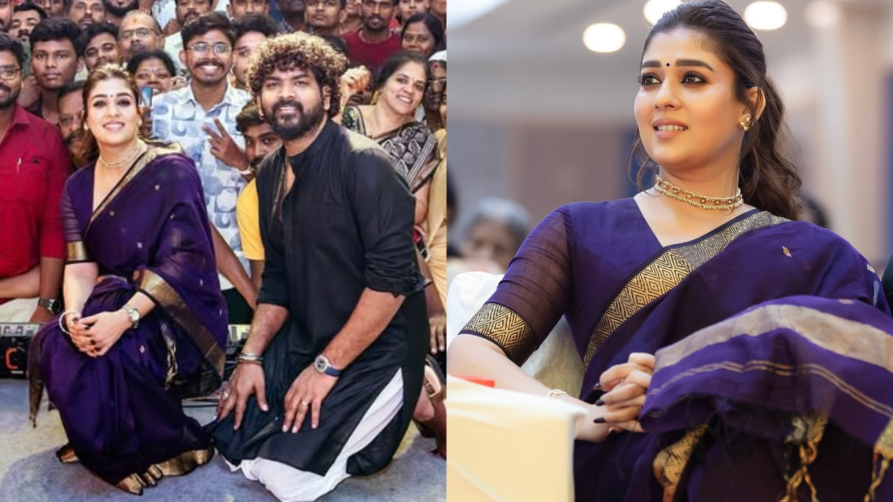 Nayanthara's dark blue saree is a far cry from the high-octane numbers, styles with choker, and perfect glam makeup