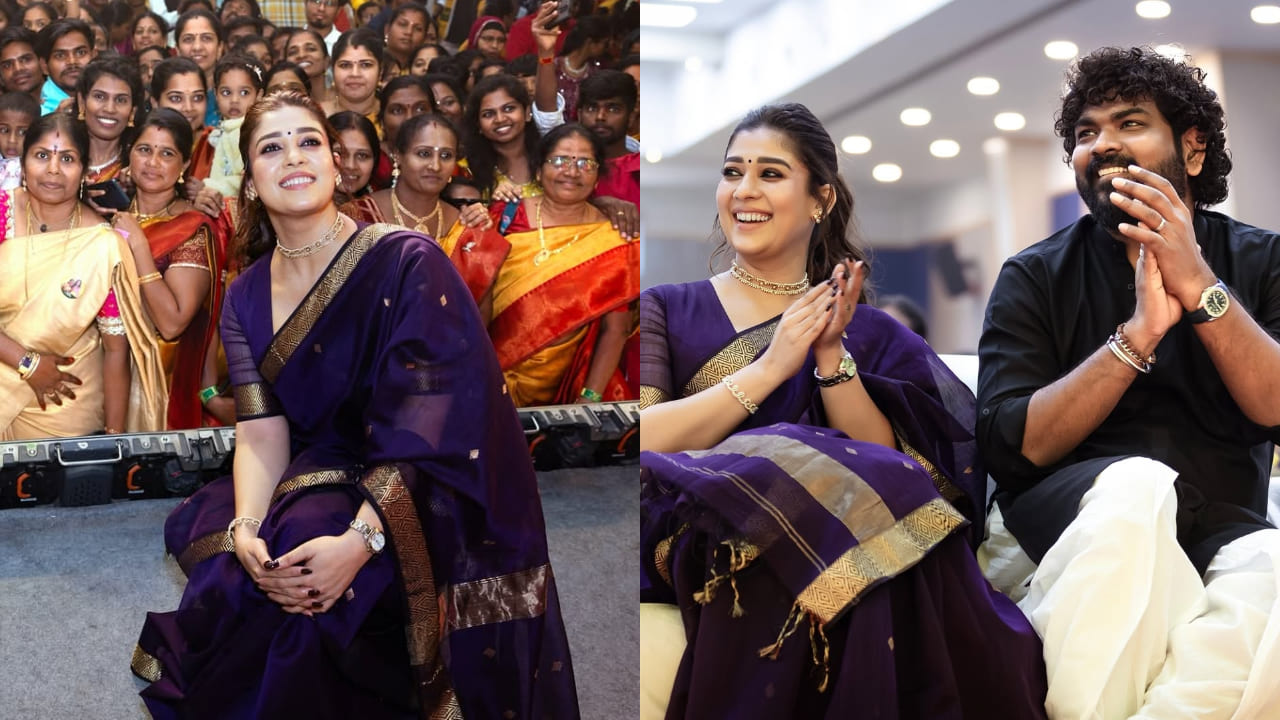 Nayanthara's dark blue saree is a far cry from the high-octane numbers, styles with choker, and perfect glam makeup