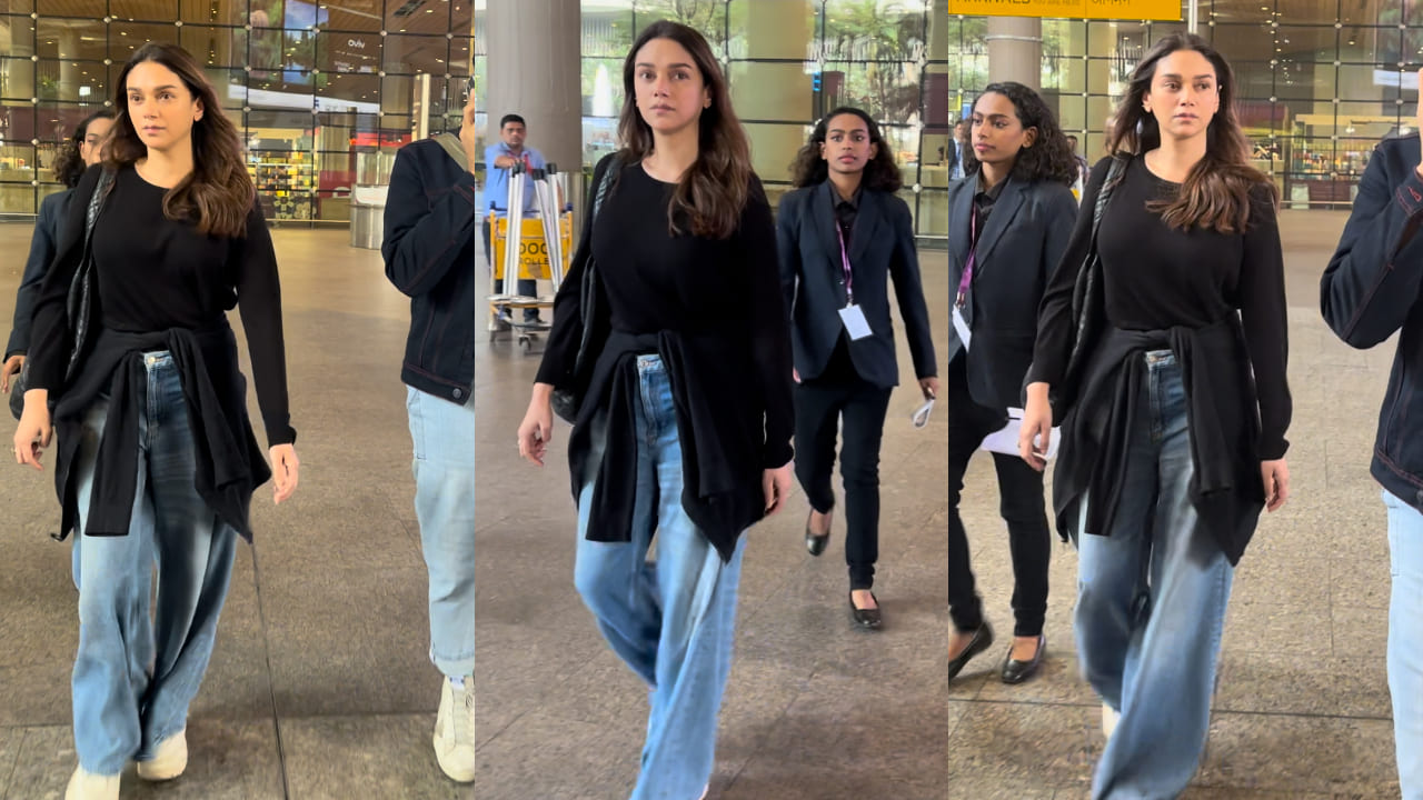 Aditi Rao Hydari was spotted at the airport in black top and denim jeans and it’s perfect winter look to pin. 