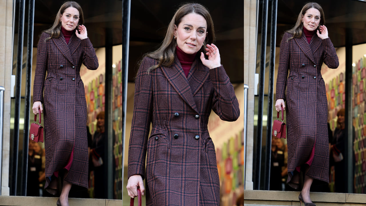 Kate Middleton sets tone for winter fashion in burgundy separates and tartan long coat